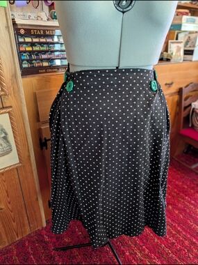 Handmade 1950's Black & White Polkadot Cotton Linen Flared Skirt